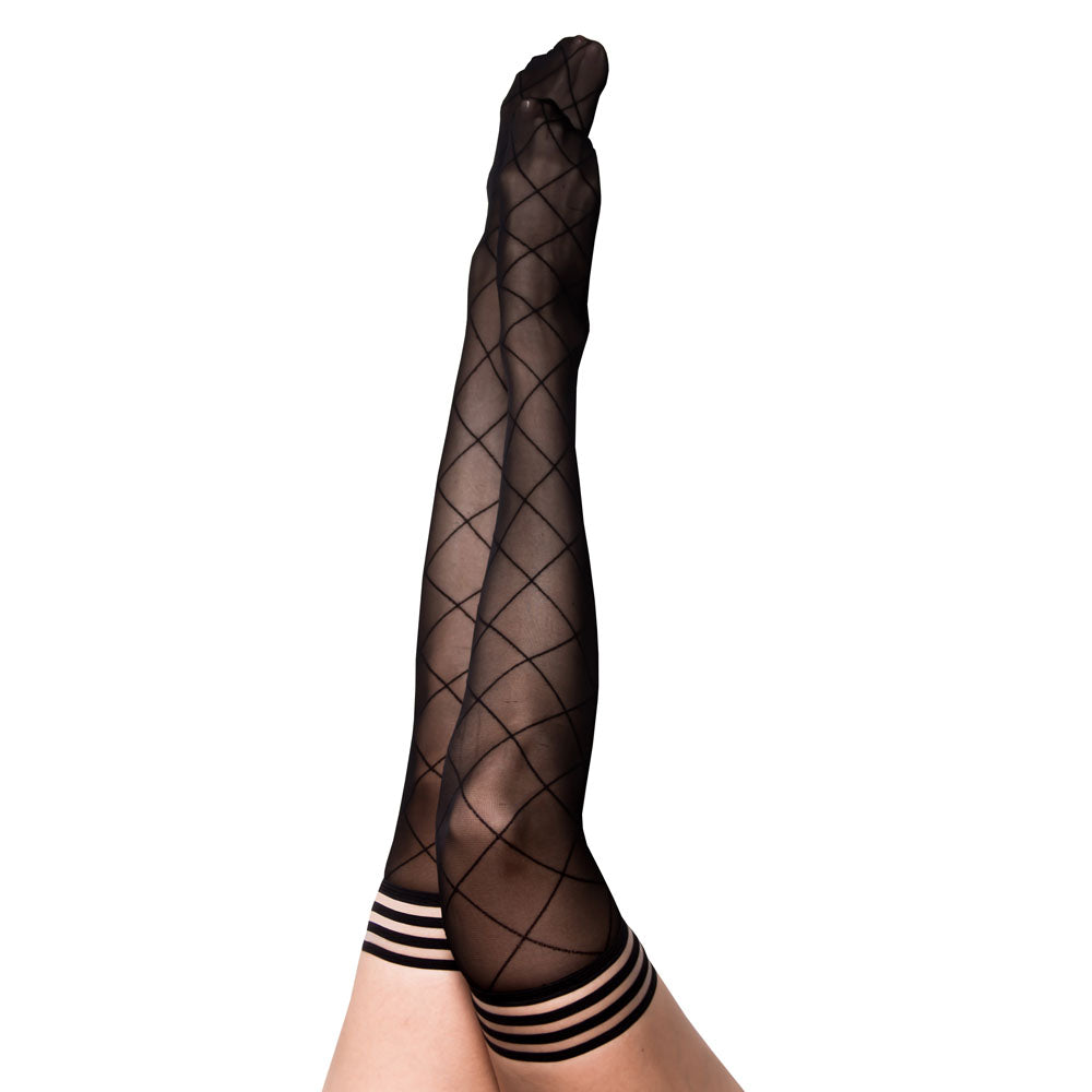 Kixies ANNA Sheer Black Diamond Thigh Highs - Black - Size A - Image 1