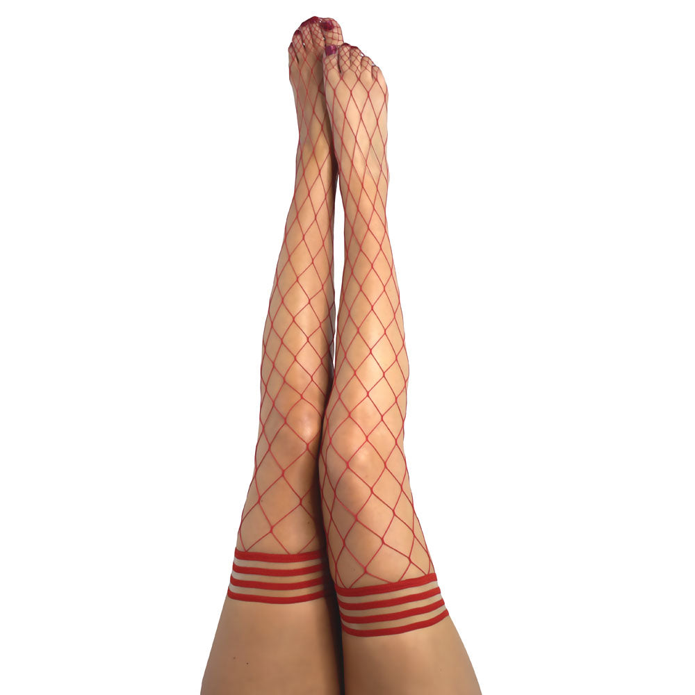 Kixies CLAUDIA Large Diamond Red Fishnet Thigh Highs - Red - Size A - Image 1