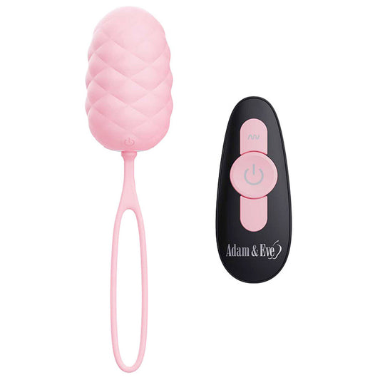 Adam & Eve Pillow Talk Vibrating Egg. Full view of the pink product on a white background, wider framing.