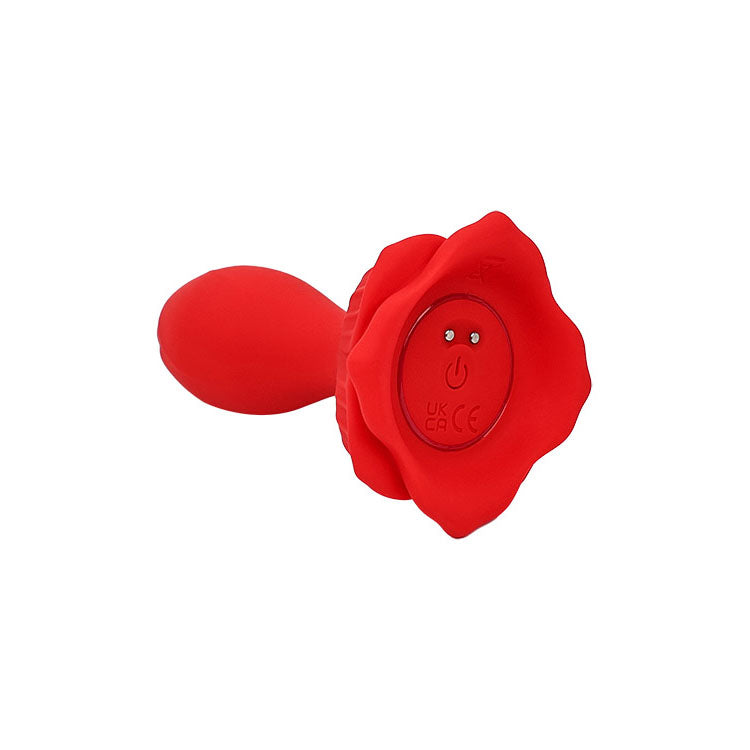 Adam & Eve THE ROSEBUD. Full view of the red butt plug on a white background, another angle.