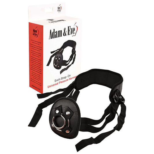 Adam & Eve EVES STRAP-ON. Studio photo of the black harness on a white background.