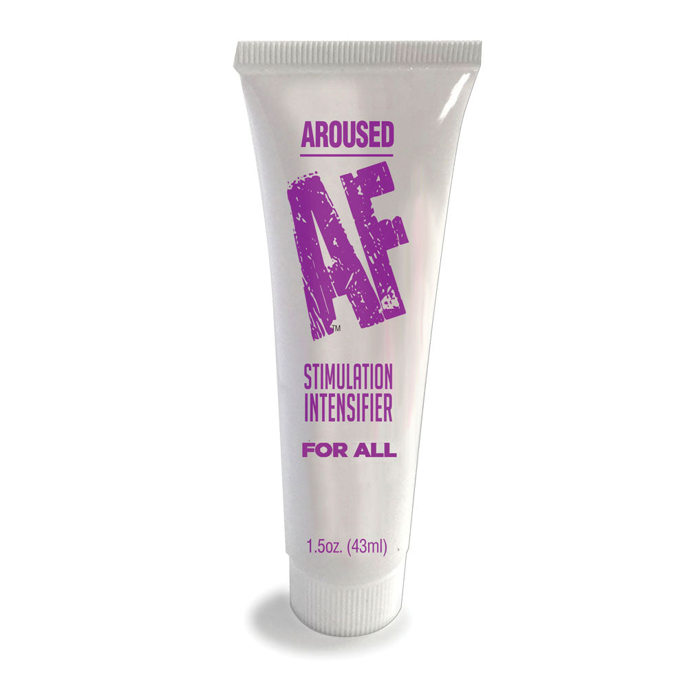 Tube labeled 'Aroused AF Stimulation Intensifier for All' on a white background
