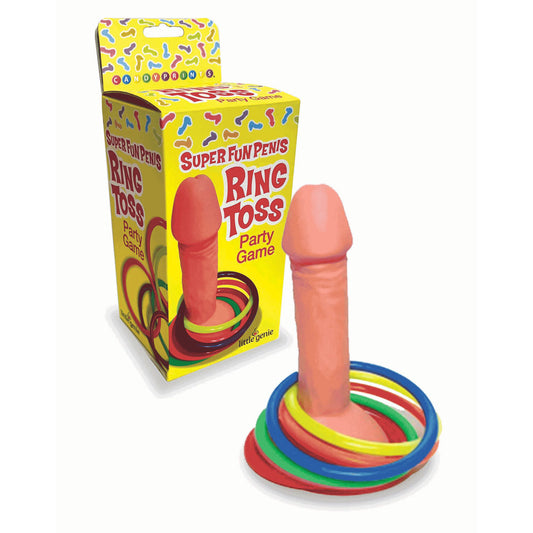 Super Fun Penis Ring Toss. The ring fitted on a demonstration model against white, another angle.