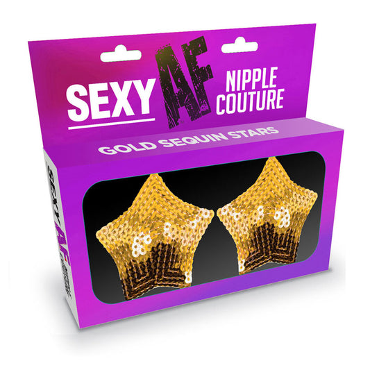 Sexy AF Nipple Couture Gold Stars. The product held in a hand against a white background.