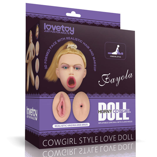 Fayola Horny Cowgirl Doll. The purple doll shown with its retail packaging on white.