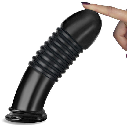 King Sized 8'' Anal Bumper. The black butt plug shown with its retail packaging on white, a further angle.
