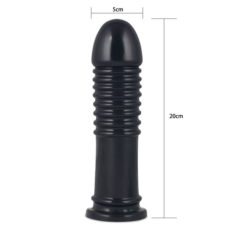 King Sized 8'' Anal Bumper. Full view of the black butt plug on a white background.