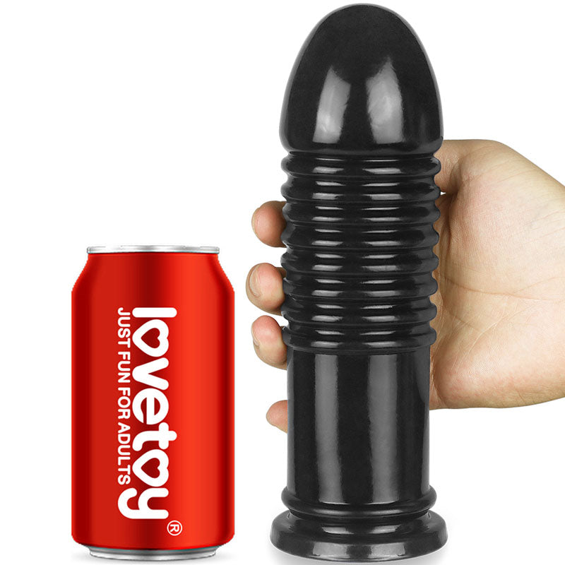 King Sized 8'' Anal Bumper. The black butt plug shown with its retail packaging on white, a third view.