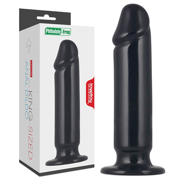 King Sized 9.25'' Anal Dildo. The black dildo shown with its retail packaging on white.