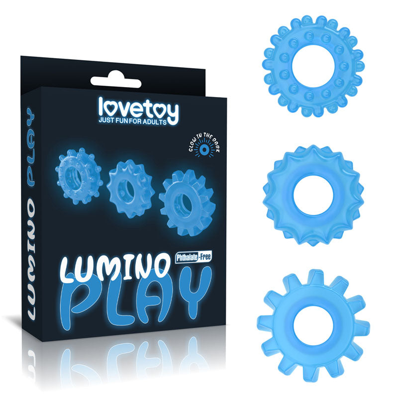 Lumino Play Penis Rings 3 Pack - Glow in the Dark Blue Cock Rings