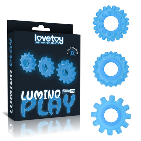 Lumino Play Penis Rings 3 Pack - Glow in the Dark Blue Cock Rings - Set of 3 - Image 1