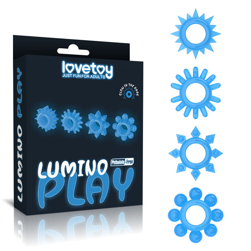 Lumino Play Penis Rings 4 Pack - Glow in the Dark Blue Cock Rings
