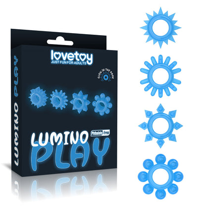 Lumino Play Penis Rings 4 Pack - Glow in the Dark Blue Cock Rings