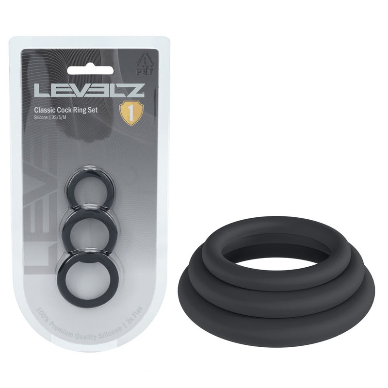 LEVELZ Classic Silicone Cock Ring Set - XS/S/M - Black Cock Rings - Set of 3 Sizes