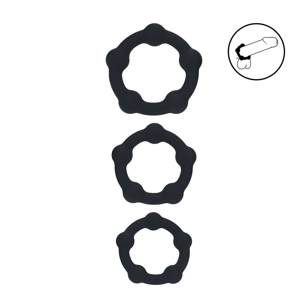 LEVELZ Beaded Silicone Cock Ring Set of 3 - Black Cock Rings
