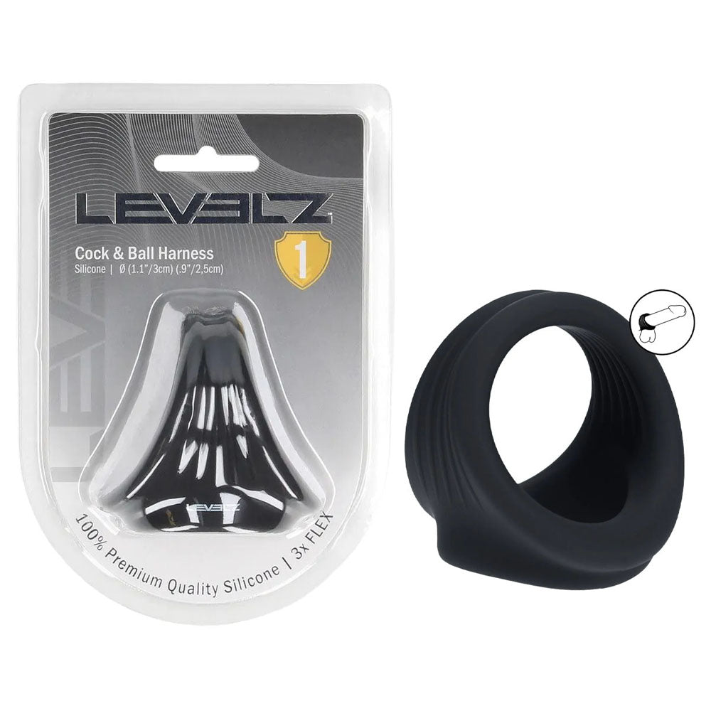 LEVELZ Silicone Cock & Ball Harness - Black Cock & Ball Ring