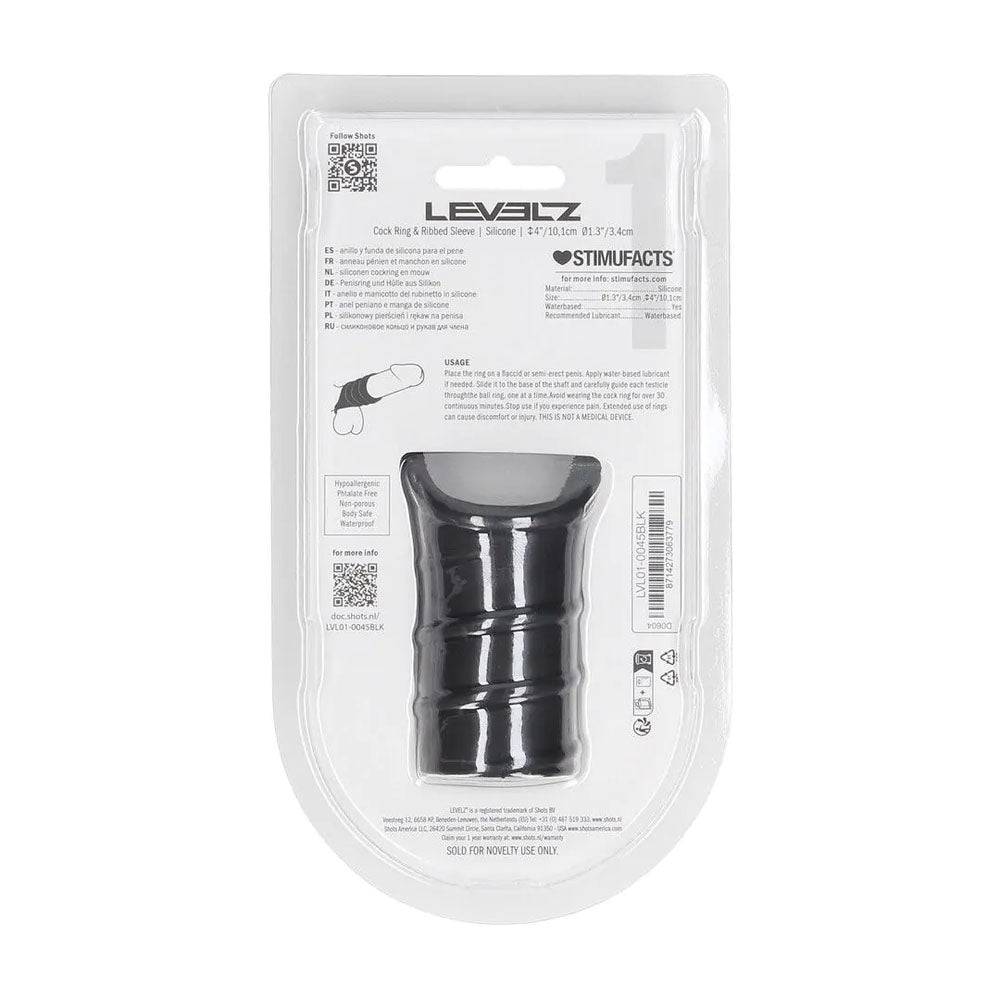LEVELZ Silicone Cock Ring & Ribbed Sleeve - Black Cock Ring