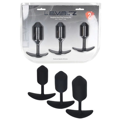 LEVELZ Silicone Weighted Anal Plug Training Set. Studio photo of the black plug on a white background, another angle.