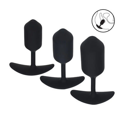 LEVELZ Silicone Weighted Anal Plug Training Set. The black plug shown with its retail packaging on white.