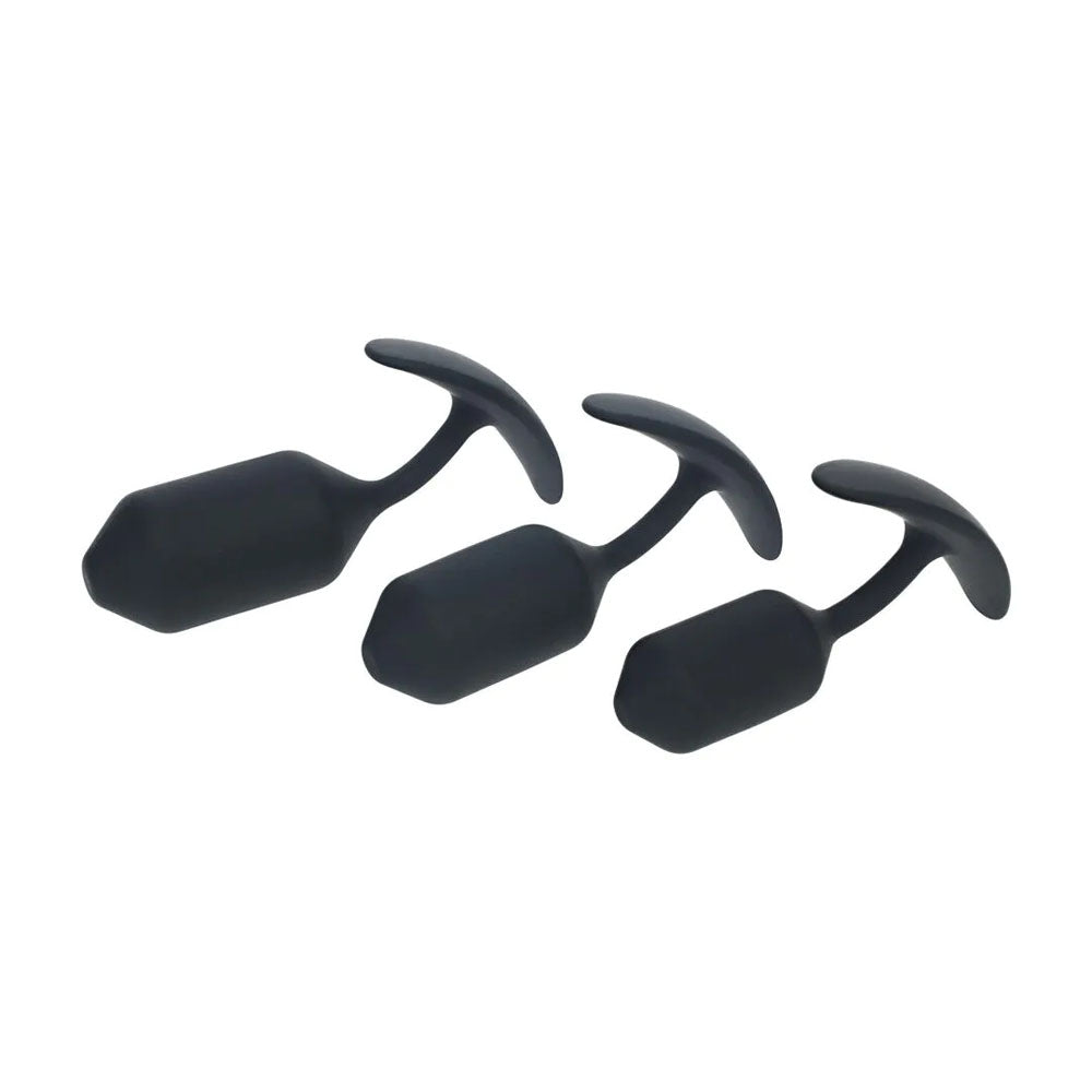 LEVELZ Silicone Weighted Anal Plug Training Set. Full view of the black plug on a white background, wider framing.
