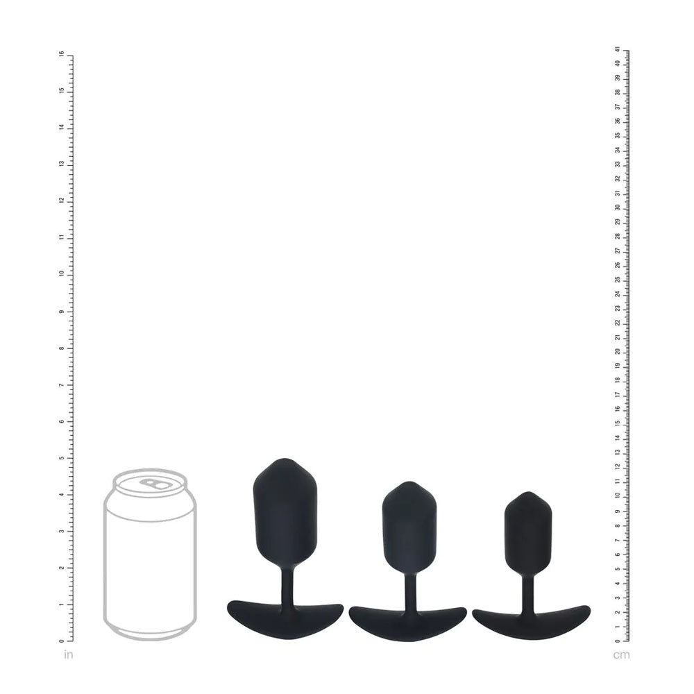 LEVELZ Silicone Weighted Anal Plug Training Set. Full view of the black plug on a white background, another angle.