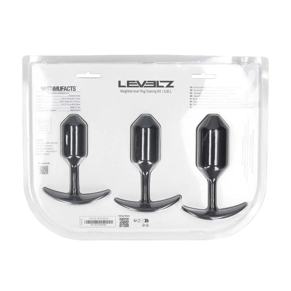 LEVELZ Silicone Weighted Anal Plug Training Set. Studio photo of the black plug on a white background, a third view.
