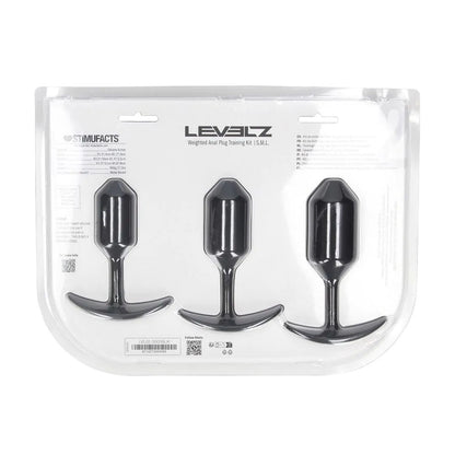 LEVELZ Silicone Weighted Anal Plug Training Set. Studio photo of the black plug on a white background, a third view.