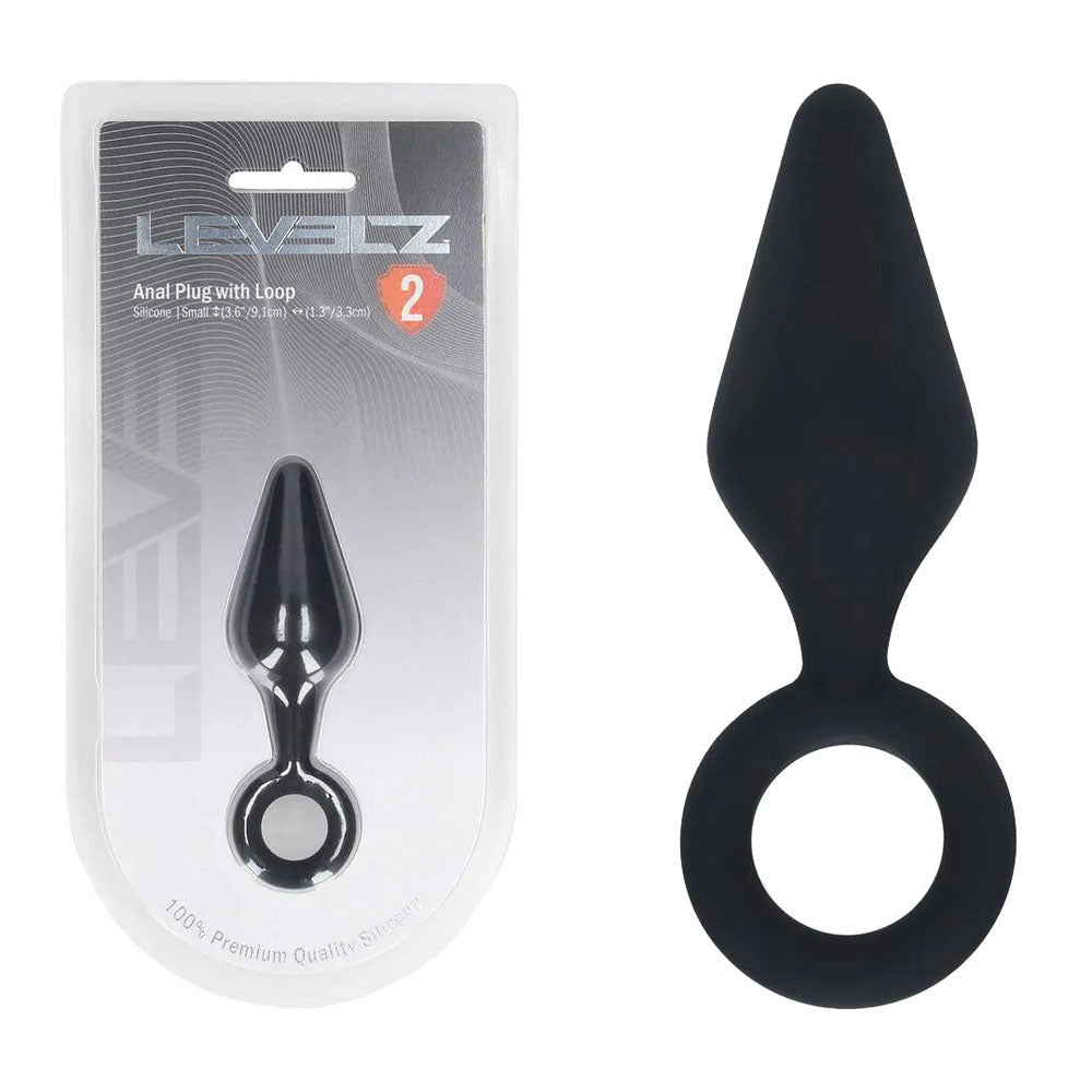 LEVELZ Silicone Anal Plug with Loop. Studio photo of the black butt plug on a white background, another angle.