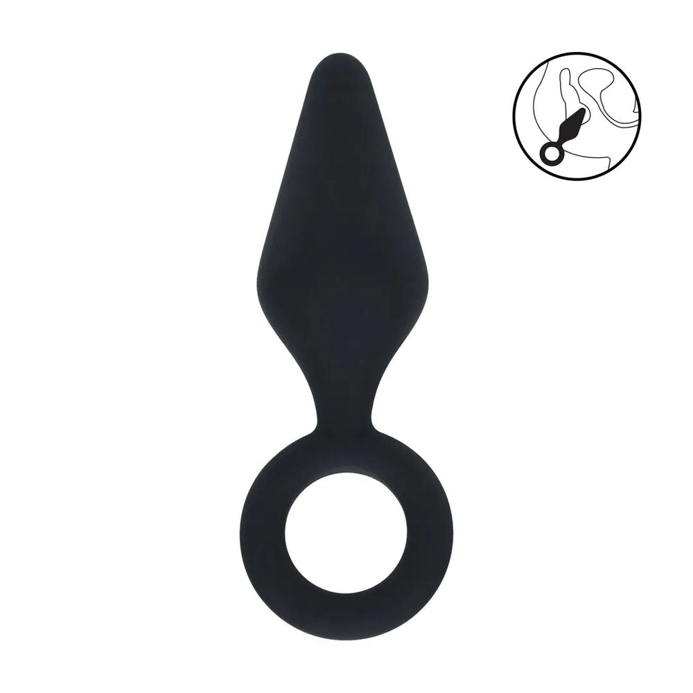 LEVELZ Silicone Anal Plug with Loop. Full view of the black butt plug on a white background, wider framing.