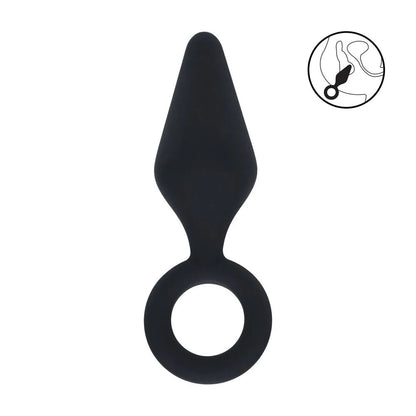 LEVELZ Silicone Anal Plug with Loop. Full view of the black butt plug on a white background, wider framing.