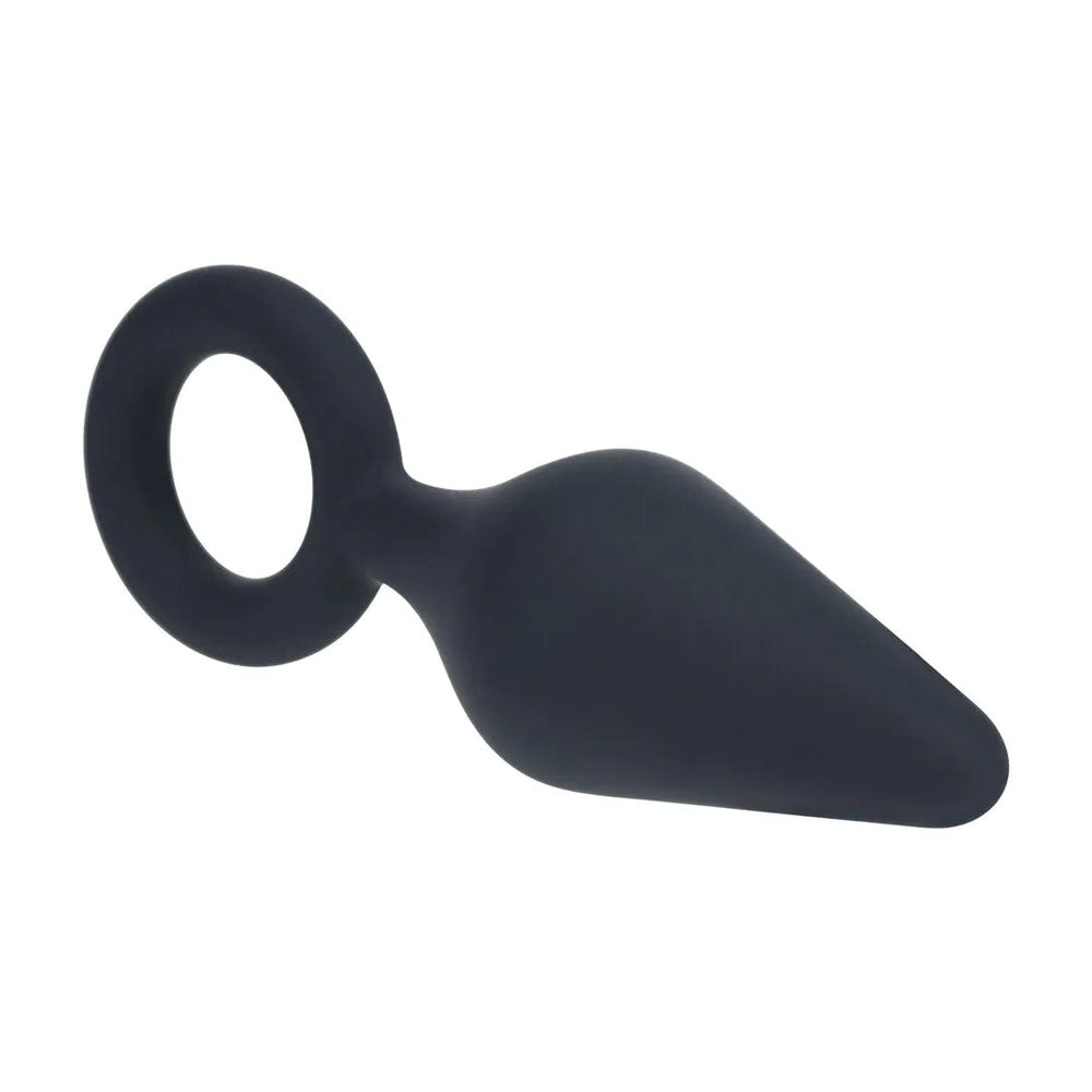 LEVELZ Silicone Anal Plug with Loop. Full view of the black butt plug on a white background, another angle.