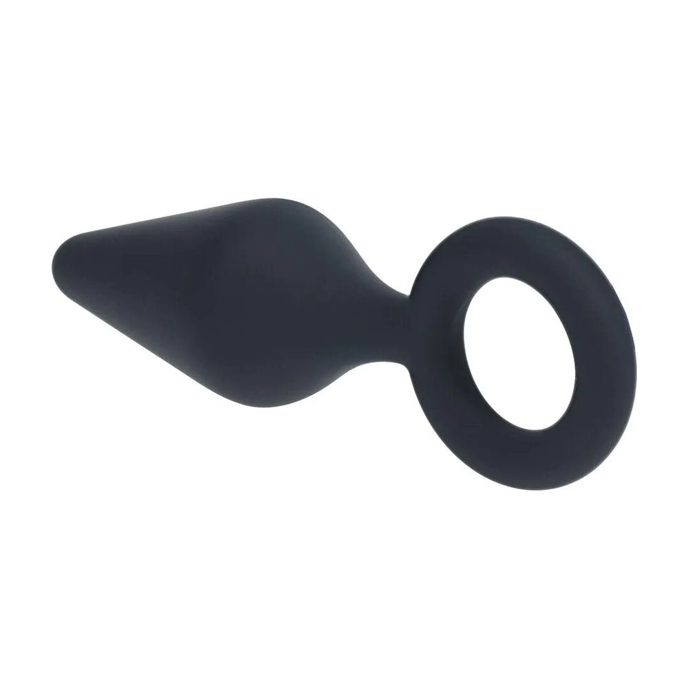 LEVELZ Silicone Anal Plug with Loop. Full view of the black butt plug on a white background, a further angle.