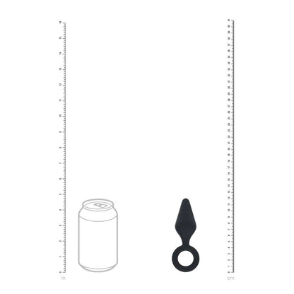 LEVELZ Silicone Anal Plug with Loop. Full view of the black butt plug on a white background, a third view.