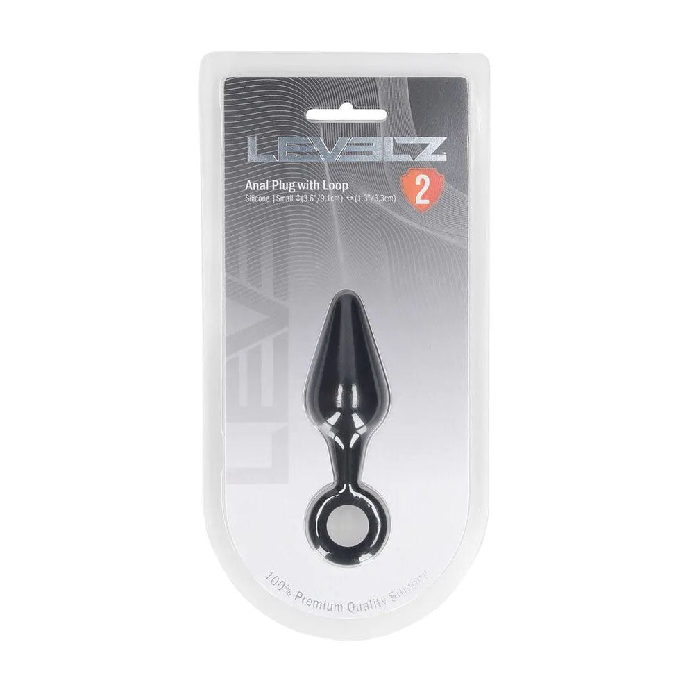 LEVELZ Silicone Anal Plug with Loop. Studio photo of the black butt plug on a white background, a further angle.