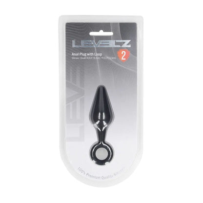 LEVELZ Silicone Anal Plug with Loop. Studio photo of the black butt plug on a white background, a further angle.