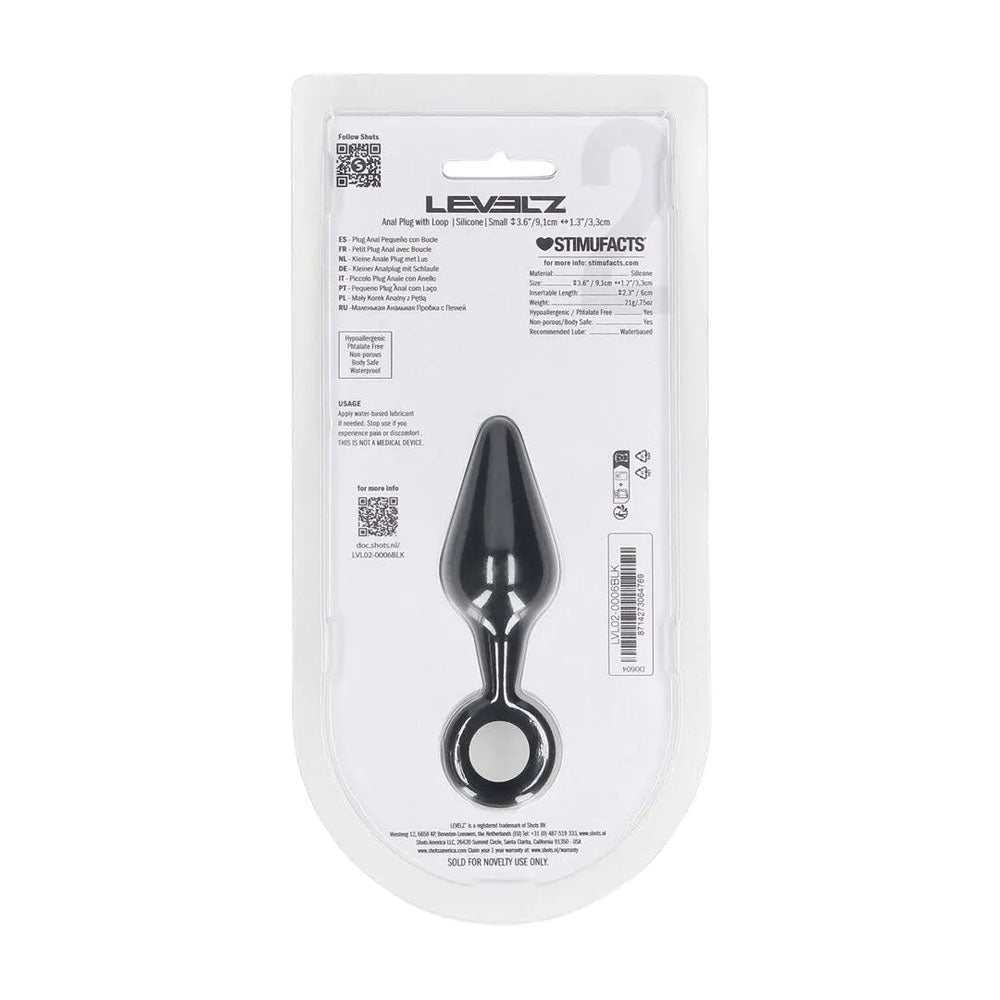 LEVELZ Silicone Anal Plug with Loop. Studio photo of the black butt plug on a white background, a third view.