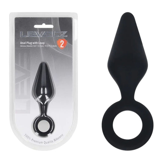 LEVELZ Silicone Anal Plug with Loop - Medium - Black Medium Butt Plug