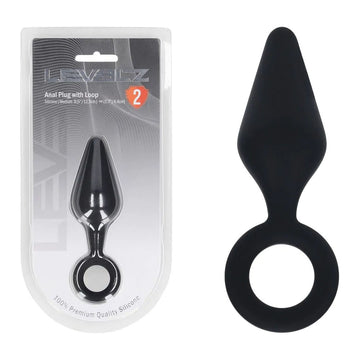 LEVELZ Silicone Anal Plug with Loop - Medium - Black - Black Medium Butt Plug