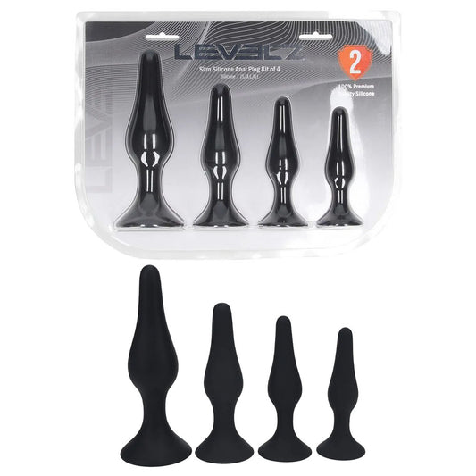 LEVELZ Slim Silicone Anal Plug Kit of 4 - Black Butt Plugs - Set of 4