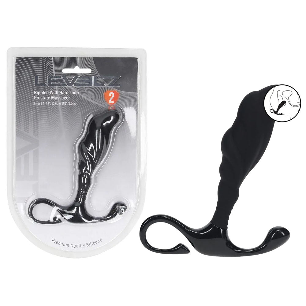 LEVELZ Rippled with Hard Loop Prostate Massager. Studio photo of the black product on a white background, another angle.