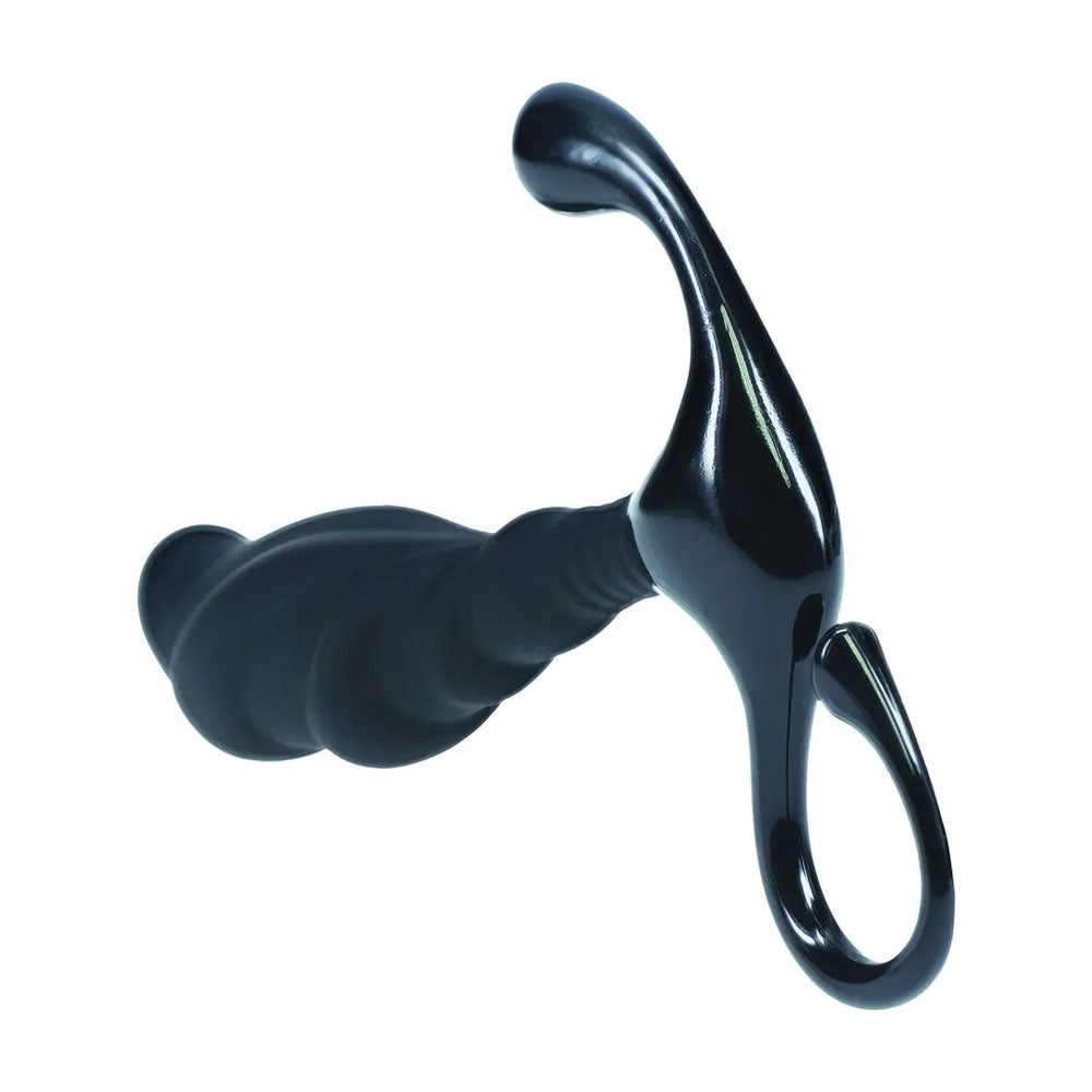 LEVELZ Rippled with Hard Loop Prostate Massager. Full view of the black product on a white background, a third view.