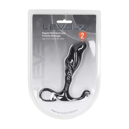 LEVELZ Rippled with Hard Loop Prostate Massager. Studio photo of the black product on a white background, a further angle.