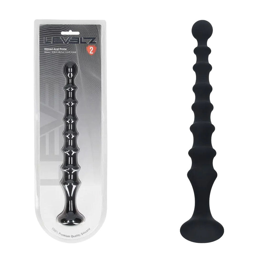 LEVELZ Ribbed Silicone Flared Anal Probe. Studio photo of the black anal beads on a white background.