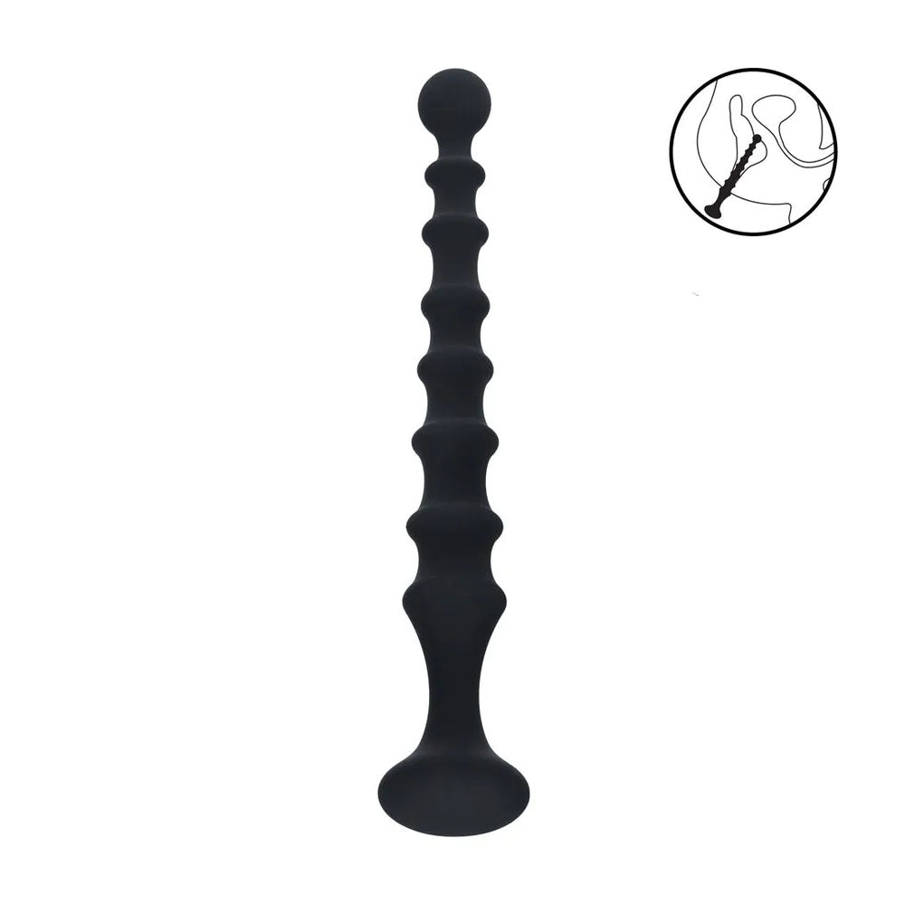 LEVELZ Ribbed Silicone Flared Anal Probe. Full view of the black anal beads on a white background, wider framing.