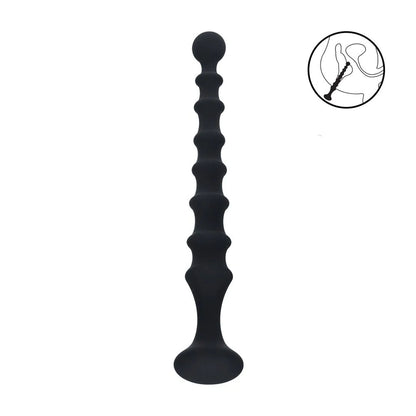 LEVELZ Ribbed Silicone Flared Anal Probe. Full view of the black anal beads on a white background, wider framing.