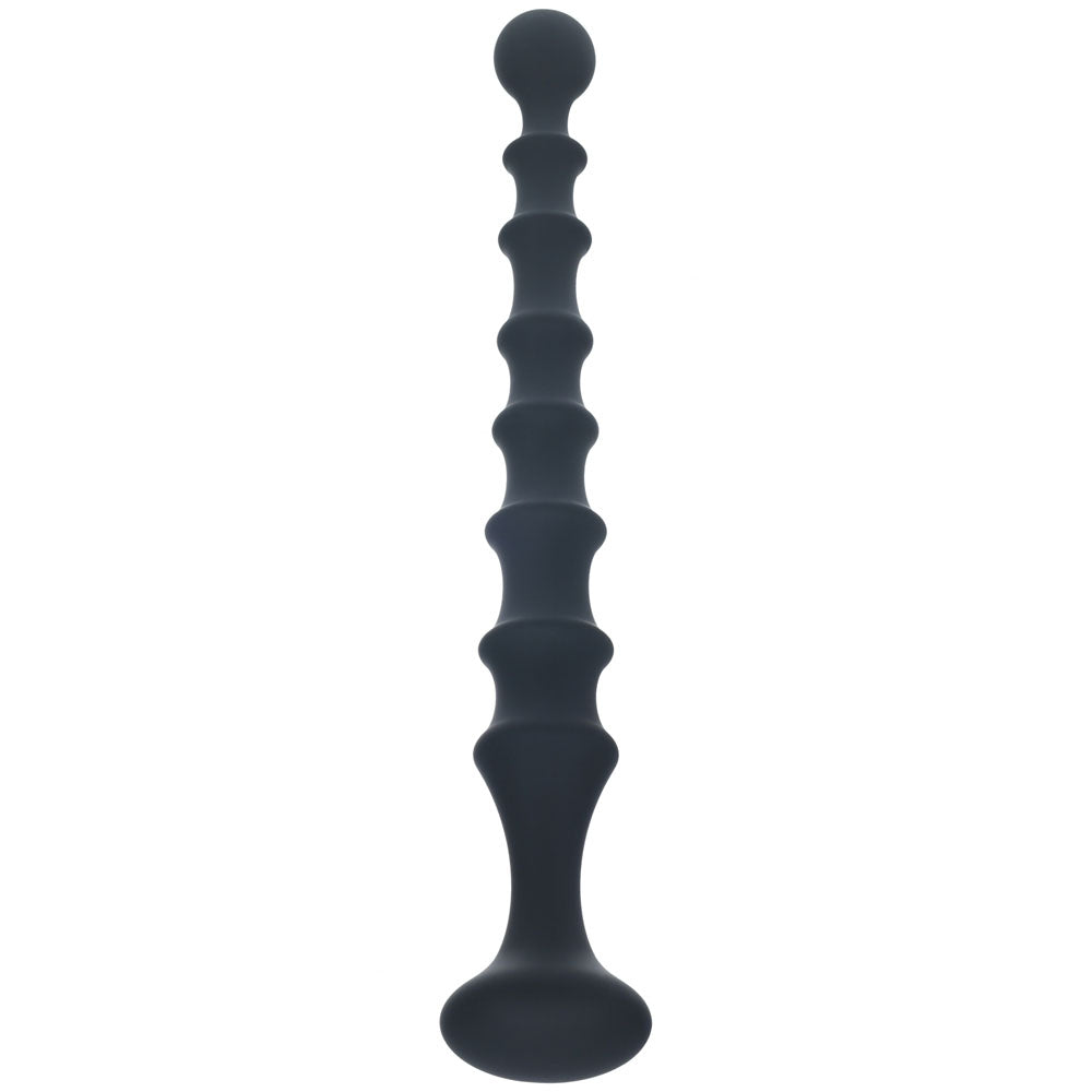 LEVELZ Ribbed Silicone Flared Anal Probe. Full view of the black anal beads on a white background, another angle.