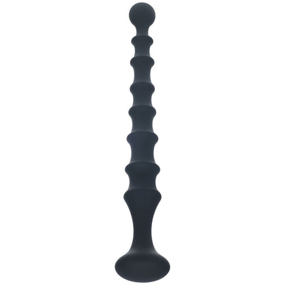 LEVELZ Ribbed Silicone Flared Anal Probe. Full view of the black anal beads on a white background, another angle.