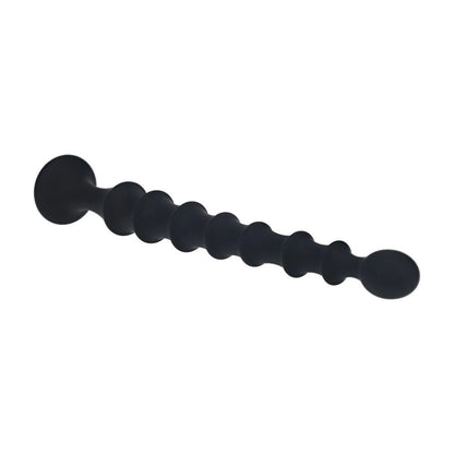 LEVELZ Ribbed Silicone Flared Anal Probe. Full view of the black anal beads on a white background, a further angle.