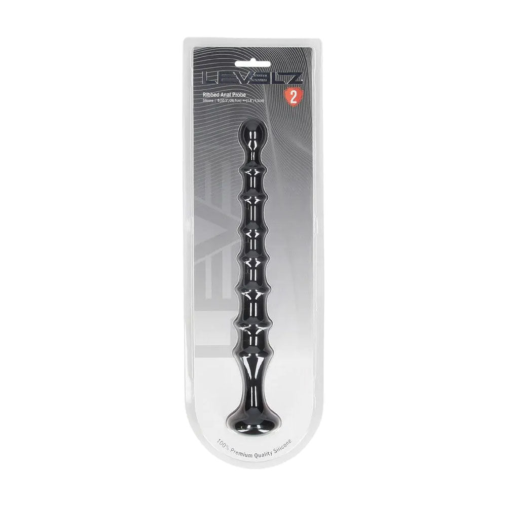 LEVELZ Ribbed Silicone Flared Anal Probe. Full view of the black anal beads on a white background, a fourth view.
