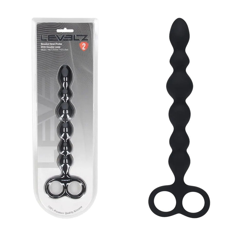 LEVELZ Beaded Silicone Anal Probe with Double Loop. Studio photo of the black anal beads on a white background.